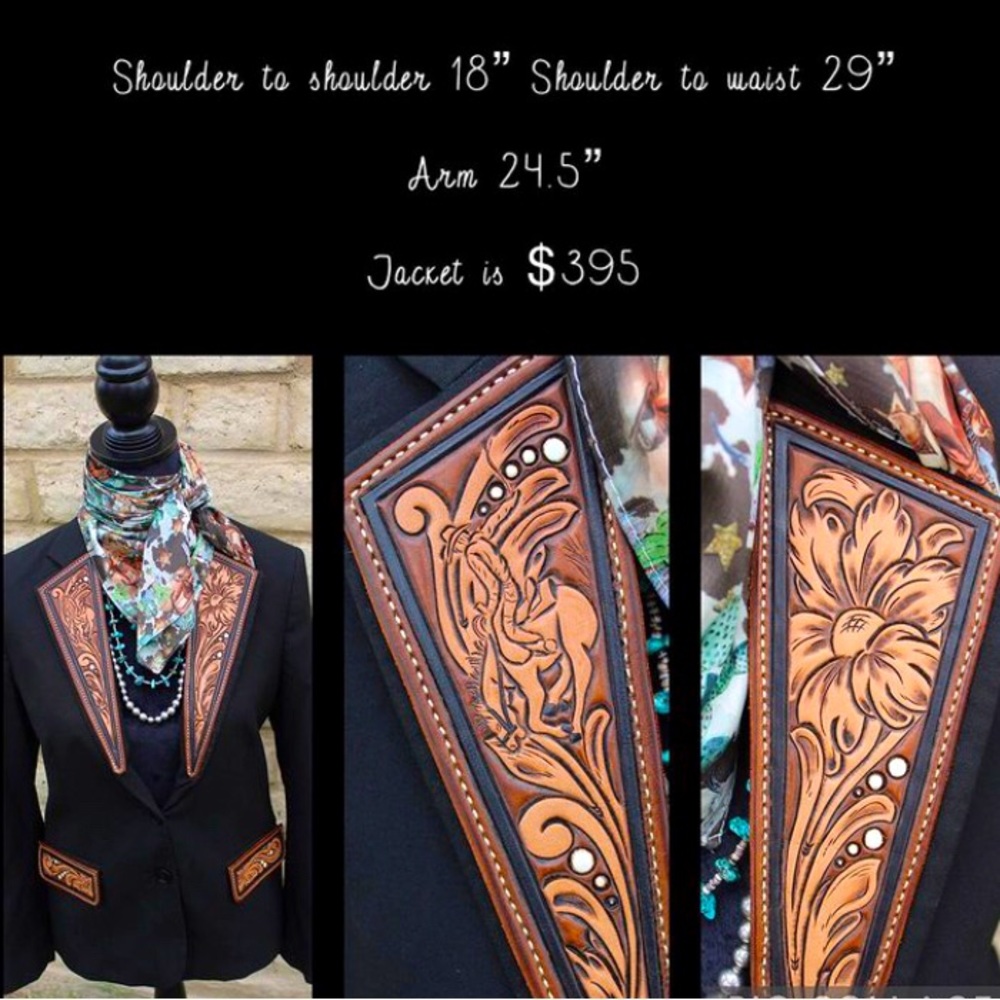 Hand tooled and one of a kind leather lapels on a sharp black blazer.